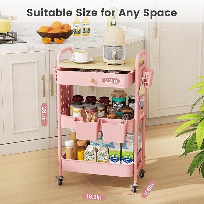 danpinera 3 Tier Rolling Cart, Metal Storage Cart with Drawer, Wooden Tabletop & DIY Pegboards, Utility Carts on Wheels with Hooks & Hanging Cups, Mobile Storage Organizer Trolley for Kitchen, Office