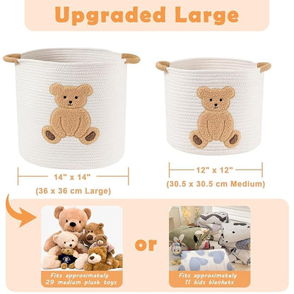 Large Blanket Baskets for Living Room Decor, Toy Storage Baskets Woven Cotton Rope Teddy Storage Basket for Kids, Dog Toys Organizer Clothes Hamper with Embroidery Decor for Nursery (Large, Bear)