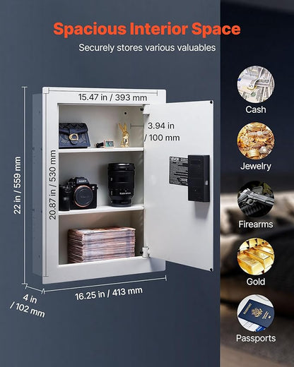 VEVOR 22" High Wall Safe, 3-Tier Hidden Wall Safe with Password, Key & Turning Knob, Q235 Cold-Rolled Steel In-Wall Box with Adjustable Shelves & Mounting Holes for Money, Jewelry, Passport, White