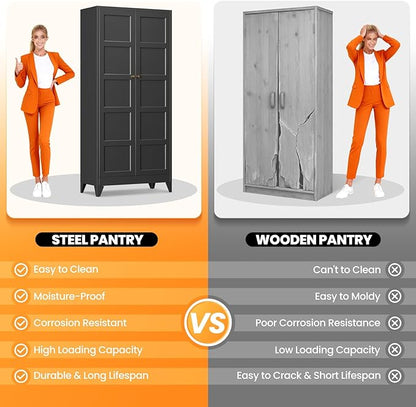 71" Tall Kitchen Cabinet Storage Unit With 2 Doors and 4 Adjustable Shelves, Metal Black Freestanding Cupboard, 5 Tier Kitchen Pantry Storage Cabinet for Kitchen Dining/Living Room/Garage/Home/Office