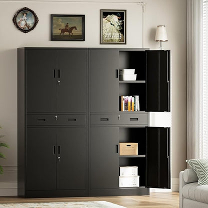 Metal Storage Cabinets with 1Drawer, 71" Storage Cabinet with 4 Locking Doors and 2 Adjustable Shelves, Steel Storage File Cabinet for Pantry Home, Kitchen, Office, Garage (Black)