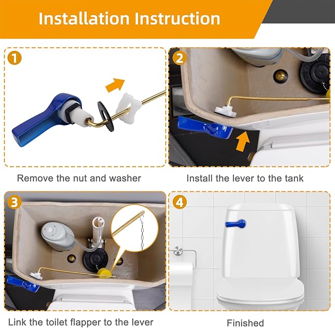 Hibbent Universal Metal Front Mount Toilet Handle Replacement Kit, Brass Toilet Flush Tank Lever with Stainless Steel Flapper Chains for Most Toilets, Blue