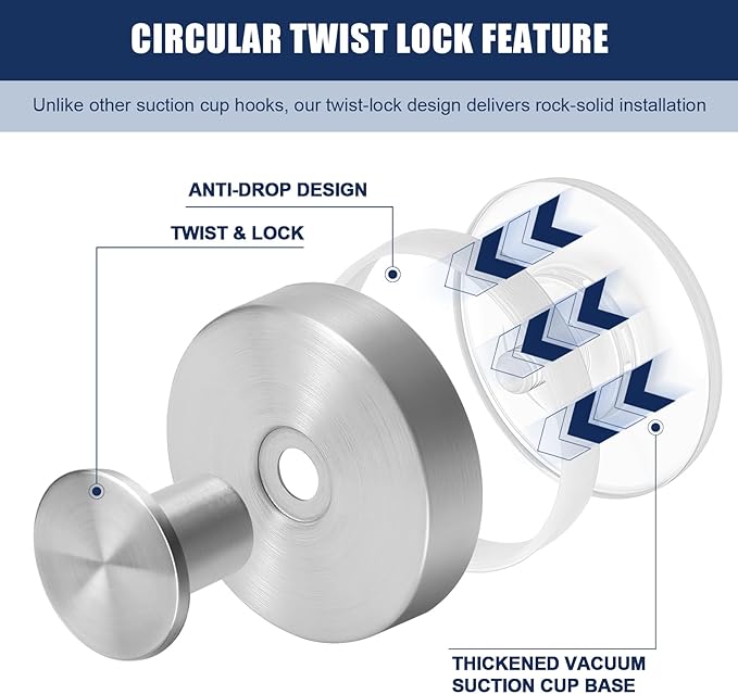 Silver Waterproof Suction Cup Hooks, 8-Pack Heavy Duty Stainless Steel No Drill Shower Hooks for Hanging Towels, Robes, Loofahs, Holder Holds Strong on Tile, Glass, Mirror, Wall, Bathroom Door