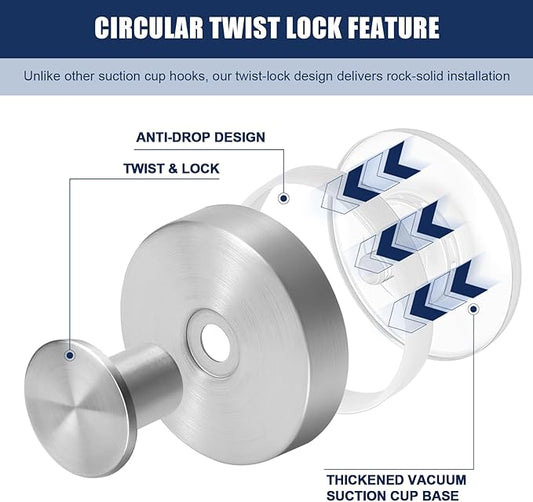 Silver Waterproof Suction Cup Hooks, 2-Pack Heavy Duty Stainless Steel No Drill Shower Hooks for Hanging Towels, Robes, Loofahs, Holder Holds Strong on Tile, Glass, Mirror, Wall, Bathroom Door