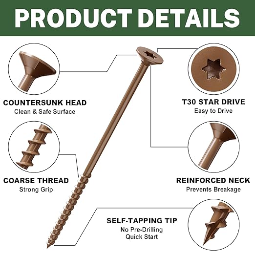 LIONMAX Deck Screws #14 x 6 Inch, 100 PCS, Long Wood Screw, Rust Resistant, Exterior Epoxy Coated for Outdoor Decking, Torx/Star Drive Head, T30 Star Bit Included