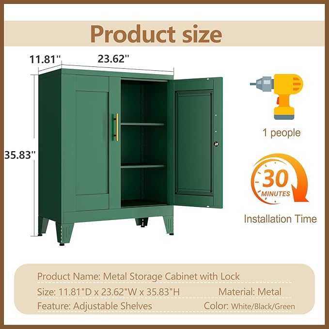 Green Sideboard Buffet Cabient, 35.83" Steel Kitchen Pantry Storage Cabinet with 2 Doors and 2 Adjustable Shelves, Bathroom Floor Storage, Freestanding Cupboard for Office/Kitchen/Home