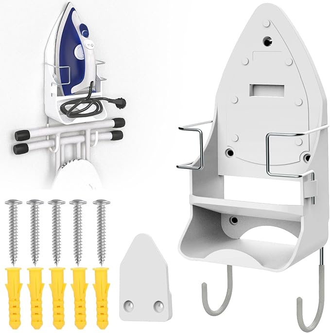 Wall Mount Iron,Ironing Board Hanger for Household Bathroom and Laundry Room, Electric Iron Holder with Hook-for Max 5.4" (White)