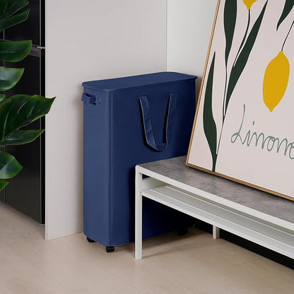 Slim Laundry Hamper with Lid and Wheels, Small Rolling Laundry Basket with Handle for Small Spaces, Tall Dirty Clothes Hampers for Dorm, Bathroom and Bedroom, 75L, Blue