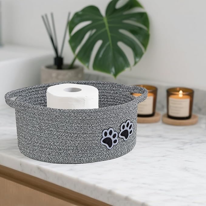Small Woven Cotton Rope Nursery Organizer Bins, Dog Toy Basket Bins with Handle, Cute Empty Baby Gift Storage Baskets with Paw