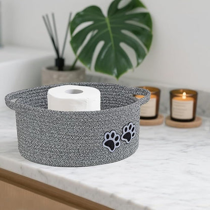 Small Woven Cotton Rope Nursery Organizer Bins, Dog Toy Basket Bins with Handle, Cute Empty Baby Gift Storage Baskets with Paw
