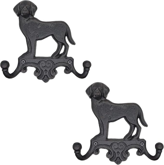 Cast Iron Dog Wall Hooks for Hanging, Heavy Duty Dog Leash Holder for Wall Mount Coat Hooks Decorative Key Hanger Vintage Farmhouse Entryway Cute Animal Decor Rustic Black 2 Pack