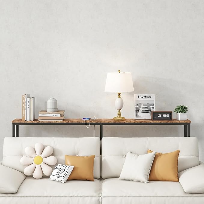 BOFENG 71.5 Inch Thin Console Table with Power Outlets,Narrow Sofa Table with Charging Station,Long Side Table Behind Sofa Couch Table for Entryway,Hallway,Living Room,Foyer,Rustic Brown