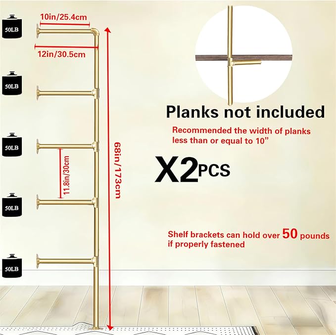 Gold Industrial Wall Mount Iron Pipe Shelf Bracket,Retro DIY Open Bookshelf,Storage Shelves, Ceiling hung Shelves for Home Kitchen Bathroom Living Room Office(2PcsX5Tier,68"Tall,10"deep,Hardware Only)