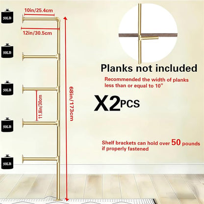 Gold Industrial Wall Mount Iron Pipe Shelf Bracket,Retro DIY Open Bookshelf,Storage Shelves, Ceiling hung Shelves for Home Kitchen Bathroom Living Room Office(2PcsX5Tier,68"Tall,10"deep,Hardware Only)