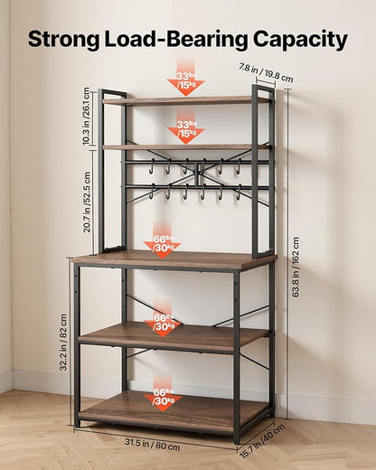 VEVOR Bakers Rack, 31.5 inch Width Microwave Stand,Kitchen Stand with X-Shaped Support Bar & 12 S-Shaped Hooks,Kitchen Storage Shelf for Dish Storage, Spice Jars, Coffee Bar Organization