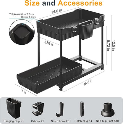 2 Pack Multi-Purpose Under Sink Organizers and Storage, 2026 Pull Out Cabinet Organizer for Bathroom & Kitchen, Under Cabinet Organizer with Hooks Hanging cup, Black