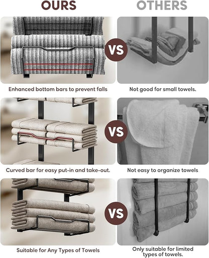 Hanging Towel Racks for Bathroom No Drill - 6-Tier Over The Door Bath Towel Storage Organizer for Small Bathrooms - Tiered Back of Door Towel Holder Hanger for Rolled Towels RV Camper Black