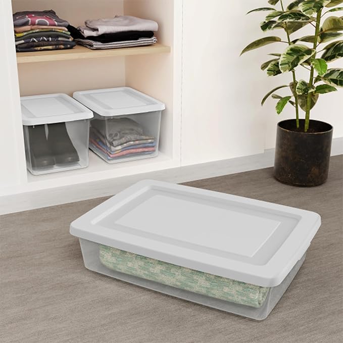 Sterilite 6 Pack Storage Boxes, Clear Plastic Stackable Containers, Lightweight Home Organizers with Snap Lids, 20 Quart, White