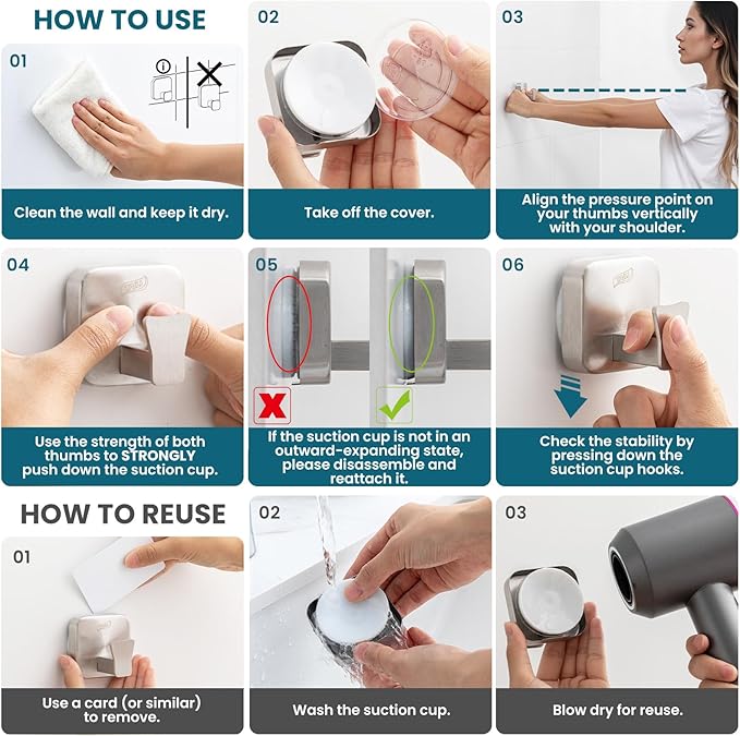 TAILI 304 Stainless Steel Bathroom Suction Hooks for Towel, Bathrobe, Loofah, Patented Strong Suction Cup Holder, No Damage Hanging Glass Shower Wall Hook, Hold Up to 11 Lbs, 2 Pack, Silver