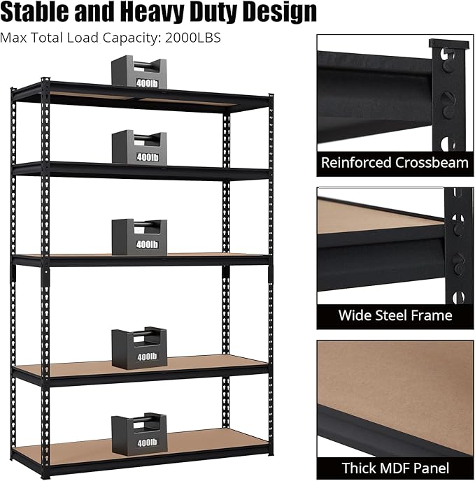 GarveeHome Heavy Duty Storage Shelves - 5 Tier 48 * 24 * 72 in, Adjustable Garage Storage Shelving, Metal Storage Utility Rack Shelf Unit