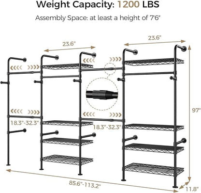 Closet Organizers and Storage, 4-Row Heavy Duty Clothes Rack for Hanging Clothes, Wall Mounted Closet System with 4 Telescopic Rods, 2 Fixed Rods, 5 Hooks, 8 Shelves for Wardrobe, Bedroom, Small Space