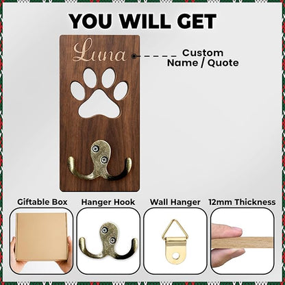 Personalized 2 Pack Dog Leash Holder for Wall Mount, Custom Name Paw Print Wooden Hook, Dog Collar and Harness Organizer, Key and Leash Holder for Entryway, Gift for Dog Lovers