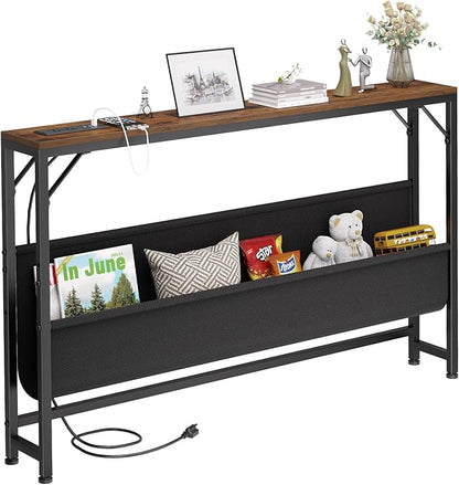 47.2'' Skinny Console Table with Power Outlet, 5.91" Behind Couch Table with Charging Station, Long Sofa Table, Narrow Entryway Table for Living Room, Foyer, Hallway, Rustic Brown