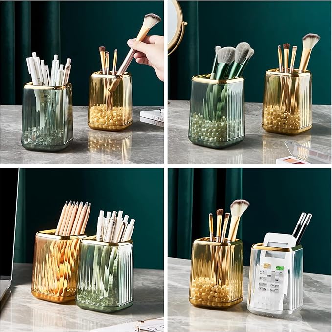 DASITON Makeup Brush holder Organizer, plastic Square Cosmetic Brush Storage Holder, Vintage Stripe Make Up Brush Cup Pen Pencil Holder（Amber