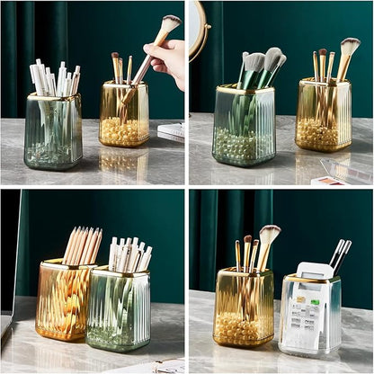 DASITON Makeup Brush holder Organizer, plastic Square Cosmetic Brush Storage Holder, Vintage Stripe Make Up Brush Cup Pen Pencil Holder（Green）