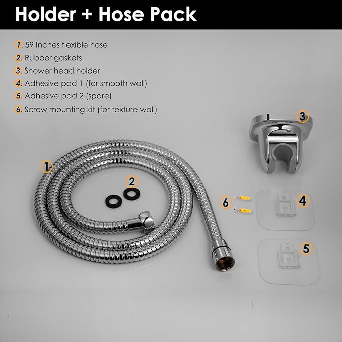 Adhesive Shower Head Holder with Hose - 60 Inches Extendable Stainless Steel Flexible Shower Hose