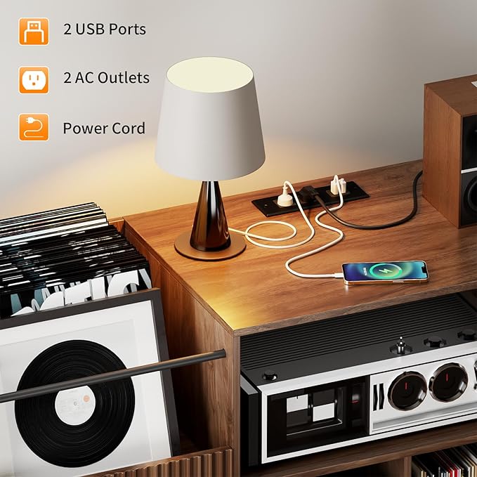 Large Record Player Stand with Power Outlets & LED Lights, Record Player Table Cabinet with Vinyl Record Storage Holds up to 500 Albums, Turntable Stand for Living Room, Bedroom