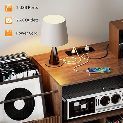 Large Record Player Stand with Power Outlets & LED Lights, Record Player Table Cabinet with Vinyl Record Storage Holds up to 500 Albums, Turntable Stand for Living Room, Bedroom