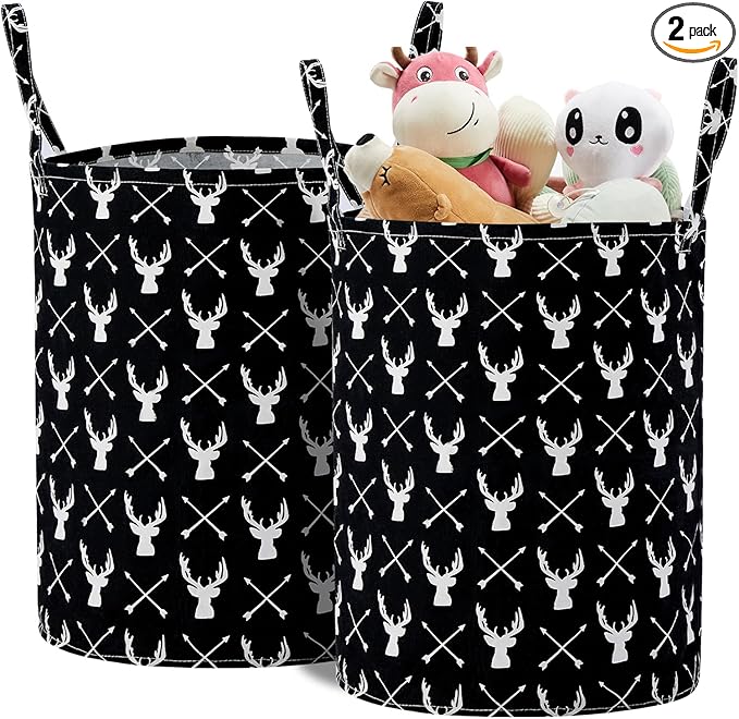 TECHMILLY Large Storage Basket for Girls and Boys, Collapsible Laundry Hamper with Long Handles, Toy Bins for Nursery, Kids Room Décor (Black Deer, 2 Pack)