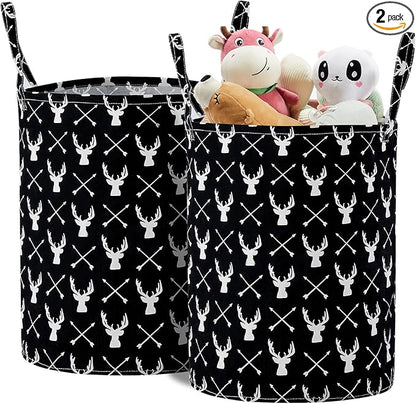 TECHMILLY Large Storage Basket for Girls and Boys, Collapsible Laundry Hamper with Long Handles, Toy Bins for Nursery, Kids Room Décor (Black Deer, 2 Pack)