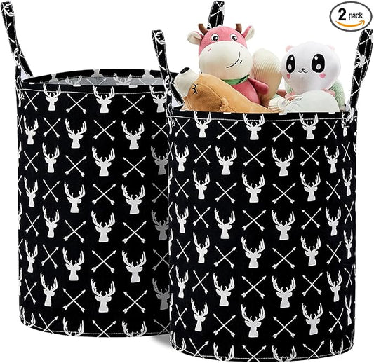 TECHMILLY Large Storage Basket for Girls and Boys, Collapsible Laundry Hamper with Long Handles, Toy Bins for Nursery, Kids Room Décor (Black Deer, 2 Pack)