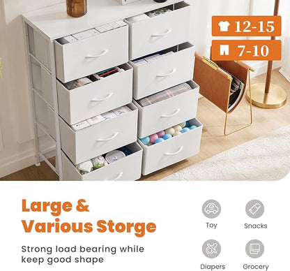 Sweetcrispy Dresser for Bedroom, Chest Organizer Unit with 8 Fabric Bins, Fabric Storage Tower, Drawer Organizer with Steel Frame, Wooden Top for Living Room, Closet