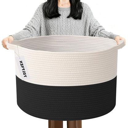 90L Large Blanket Basket,21.7"L x 21.7"W x 13.8"H Rope Woven Baskets with Handles, Toys Storage Bins,Laundry Basket Perfect for Living Room, Nursery,Bedroom,Home Organization,White&Black