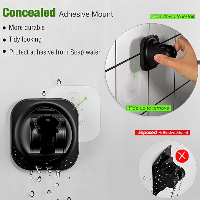 Handheld Shower Head Holder - 5 Positions Adjustable - Concealed Adhesive Mount with Screw Option- Bathroom Wall Mount Shower Hose Holder (Matte Black)