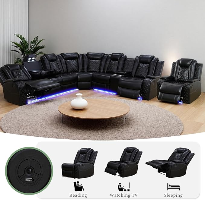 Power Reclining Sectional Sofa, Leather Power Recliner Sofa Set for Living Room, Black Breathing Leather Sectional Reclining Couches Set with LED Light/Cup Holder/USB Port for Home Theater