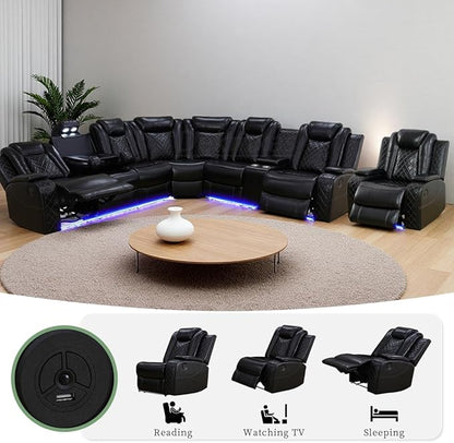 Power Reclining Sectional Sofa, Leather Power Recliner Sofa Set for Living Room, Black Breathing Leather Sectional Reclining Couches Set with LED Light/Cup Holder/USB Port for Home Theater