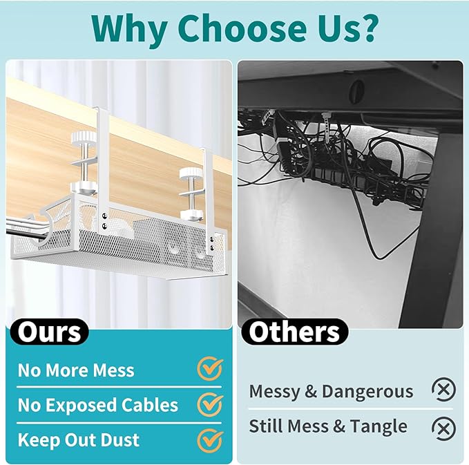 Under Desk Cable Management Tray White, No Drill Desk Cable Management Organizer with Clamp for Desk Wire Management, PC Cord Organizer Accessories & Workspace Organizers for Office, Home(2 Pack)