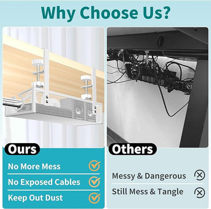 Under Desk Cable Management Tray White, No Drill Desk Cable Management Organizer with Clamp for Desk Wire Management, PC Cord Organizer Accessories & Workspace Organizers for Office, Home(2 Pack)