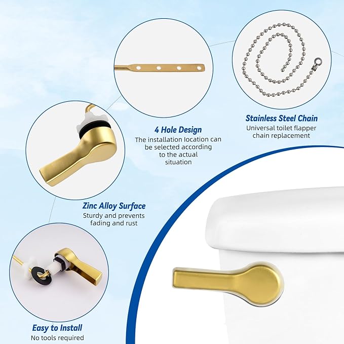 Hibbent Universal Front Mount Metal Toilet Handle Replacement Kit, Brass Toilet Tank Flush Lever with Stainless Steel Adjustable Flapper Chains for Most Toilets, Brushed Gold