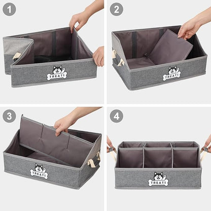 Dog Treat Container Basket for Countertop, Foldable Pet Toy Box for Living Room Area with Handles, Dog Storage Organizer with Removable Dividers for Treat Container, Leashes, Canned food, Pet Supplies