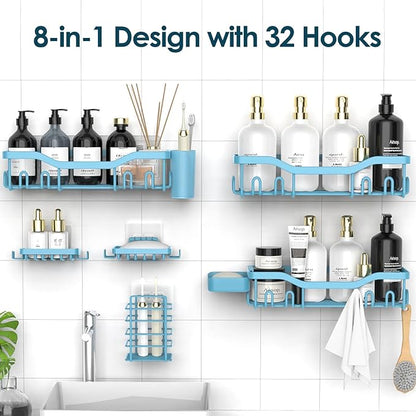 Shower Caddy Adhesive Shower Organizer 8-Pack, Rustproof Stainless Steel Bathroom Shelves, Large Capacity No-Drill Rack Storage Accessories with Soap Dish Toothbrush Holder Hooks