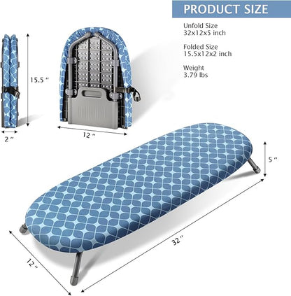 SheeChung Tabletop Ironing Board 12"x32",Small Ironing Boards with Removable Cotton Cover and Pad,Portable Folding Non-Slip Feet for Home Laundry Rooms,Blue Square