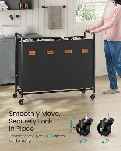 SONGMICS 4-Section Laundry Sorter, Laundry Hamper with Wheels, Rolling Clothes Hamper Cart with Large Capacity and Removable Bags, for Laundry Room, Bedroom, Bathroom, Ink Black URLS460B01