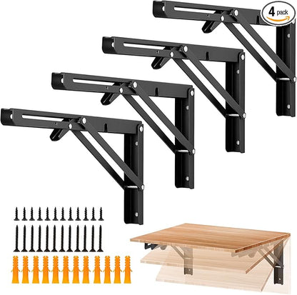 Ravinte 4 Pack 12 Inch Folding Shelf Brackets – Matte Black, Heavy Duty Collapsible Brackets for Tables and Benches – Space-Saving Design