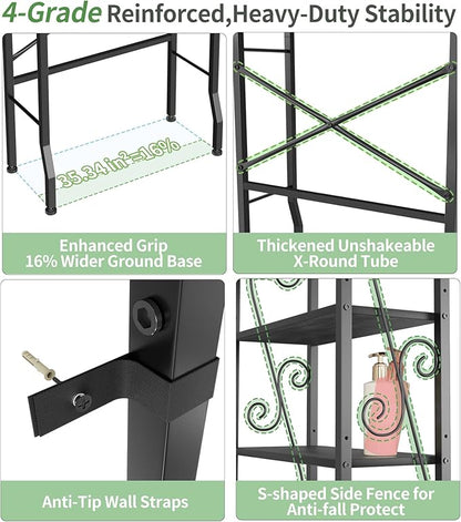 Over-The-Toilet Storage Rack 4-Tier,Bathroom Organizer Shelf Over Toilet,Adjustable Wooden Shelves and Basket,Freestanding Above Toilet Shelf,Space Saver for Rooms(Black Rack-Black Shelves)