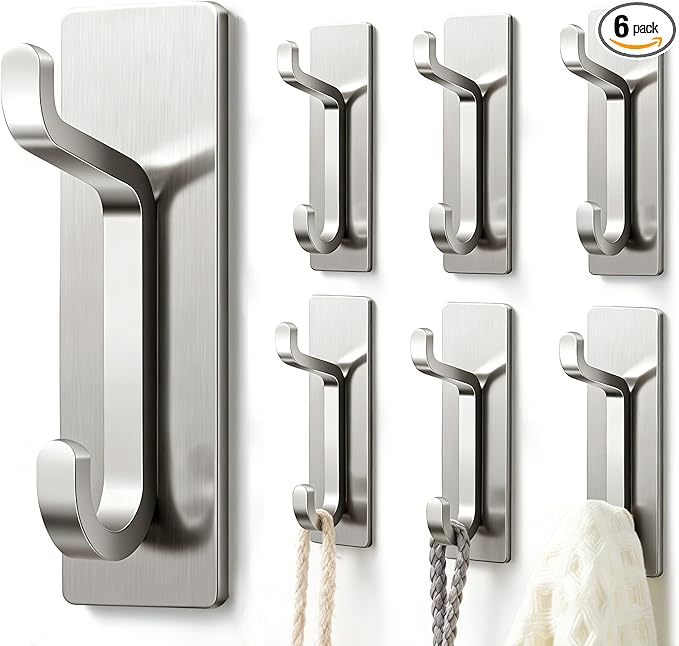 Self Adhesive Wall Hooks for Hanging: Extra Strong 13 LB, Hook for Coat, Towel in Bathrooms, Shower, Kitchen, Wall, Door Hook, Nickel Silver 6 Pack